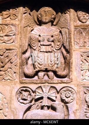 ANGELS - St. Michael, the archangel, and ruler of Fire, on the facade of the church of St Michael, Salon, Provence, France Stock Photo