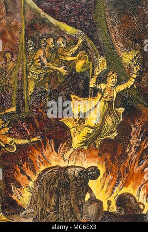 FIRE High cast Hindu widow immolating herself on her husband's pyre - the now illegal practice of Sati., or Suttee Stock Photo