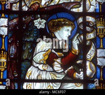 ANGELS - Gabriel The archangel Gabriel appearing at the Annunciation before Mary. Stained glass of the 19th century. from cathedral at Southwell Stock Photo