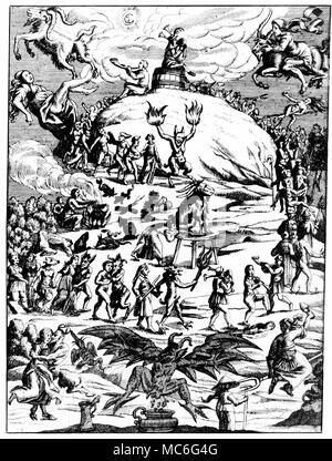 WITCHCRAFT - SABBAT - DEMONS Woodcut depicting the many supposed activities of the witches at the Sabbat - top left a witch is falling from a transvecting goat, and to the right another witch is more successful in her flight. A crowd of witches dance around the hillocks, following a demon with lighted hands. Dominant, in the cenre, the Devil himself, in the shape of a goat, receives the osculum infamis, or the kiss on the buttocks, from one of his devotees. Around this Devil a group of musicians and Devils disport, some of the latter sexually attacking female witches. The black winged mo Stock Photo