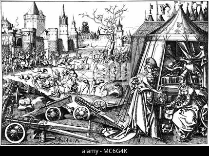 CHRISTIAN - JUDITH AND HOLOFERNES To the right, the beautiful Judith carries the head of Holofernes, the general of the Assyrian army then besieging her city, Bethulia. She has entered his tent by a stratagem, and decapitated him herself (his head-less body may be seen in his tent). She and her maid are planning to return to Bethulia, where, shortly afterwards, the siege was raised by force of arms. Nineteenth century facsimile of the copperplate print by Israel von Meckenen, 1503. Stock Photo