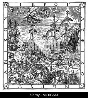 SYMBOLS - HIEROGLYPHICS 'A hieroglyphic of Britain' - the frontispiece to Dr. John Dee, Arte of Navigation, 1577. The image is more a hieroglyphic of Queen Elizabeth, than of Britain. She sits in state on a boat, alongside which is Europa, being carried on the back of a bull. She is sailing towards the personification of Good Fortune, who stands with her right foot on a pyramid. From John Richard Green, A Short History of the English People, 1902 edn. Stock Photo