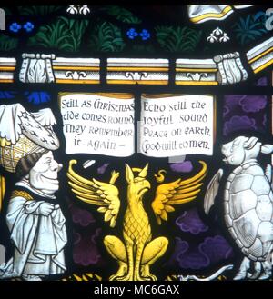 ANIMALS Mock turtle and griffin. Stained glass window (detail) from the Carroll Memorial Window, Daresbury parish church. The Duchess is to the left Griffin, with Mock Turtle and Queen, memorial stained glass windows to Lewis Carroll at Disbury