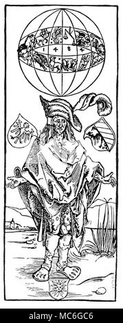 ASTROLOGY - ZODIAC - MEDICAL - SATELLITIUM 'The Syphilitic Man' - a woodcut attributed to the German artist, Albrecht DÂ³rer, for a broadsheet written by the physician, Theodoricus Ulsenius, who had a dream that Syphilis (then the scourge of Europe) had its origins in 1484. It was, in fact, a commonplace to trace the origins of this disease to planetary influences, and this was an attempt to ascribe it to a planetary conjunction in the sign Scorpio. The image for Scorpio, in the celestial sphere above the head of the man, is marked with the Sun and Moon (beneath the Sun) and four planets - Stock Photo