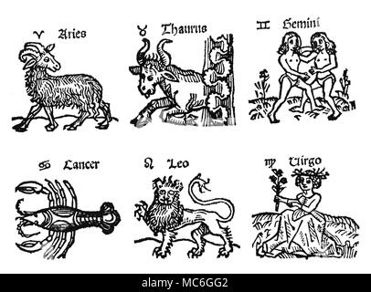 ZODIAC SIGNS The first six images of the zodiac signs, with related sigil and name. From left to right: Aries, Taurus, Gemini, Cancer, Leo and Virgo. Early 16th century. Stock Photo