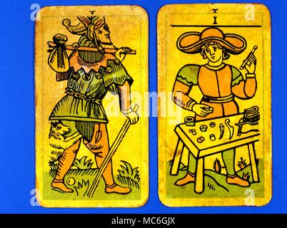 Tarot Cards-Majo Arcana- The Parisian Tarot. The zero card. The Fool, and Card 1. The Juggler. Two cards from a Major Arcana picture Tarot, probably designed in an archaizing style in loose imitation of the Rosicrucian deck designed by Pamela Coleman Smith, alongside A.E.Waite, and various earlier decks, such as that published by Encausse (Papus) in The Tarot of the Bohemians at the end of the 19th century, post 1905, but earlier than 1912. The name Parisian Tarot was given by the owner of the deck - it might however be called the Tau Tarot, from the intriguing letter Tau at the head of each Stock Photo