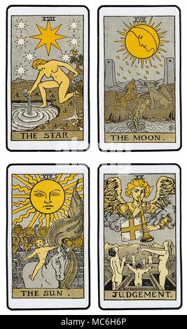 TAROT CARDS - THE DE LAURENCE DECK The fifth set of four cards of the De Laurence deck of the 22 Major pack of the Tarot: The Star, The Moon, The Sun and the Judgement card. These are probably the first esoteric Tarot cards to be designed specifically for use in the United States of America. This series of cards is an adaptation of the designs drawn for the Order of the Golden Dawn by Pamela Colman Smith, under the supervision of A.E. Waite, by the American Rosicrucian, L.W. de Laurence, and were published in his work, The Illustrated Key To the Tarot, 1918. Stock Photo
