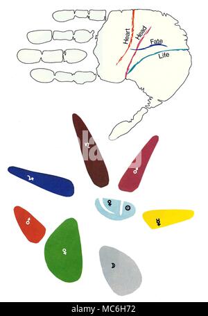 PALMISTRY - ASTRO-PALMISTRY An attempt to relate the parts of the human hand to the twelve signs of the zodiac. The top diagram reveals the four main lines of Heart, Head, Fate and Life, which are integrated with the zodiacal impulses in another diagram. The schematic diagram of the hand below shows the correspondence of planetary influences. The red patch represents the Mars of the thumb. The blue finger is the index, linked with Jupiter. The brown finger is the finger of Saturn, the purple the ring finger (here linked with Mars), the yellow is the small finger, linked with Mercury. T Stock Photo