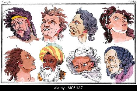 PHYSIOGNOMY - LAVATER Eight 'physiognomic' examples of heads, evincing strong emotions, and influenced by details from famous paintings. From a plate in the 1790 edition of Johann Kaspar Lavater (1741-1801) Physiognomische Fragmente, which he wrote with the assistance of Goethe. This plate relates to page 58 of Volume II of the English translation, wherein the eight heads are discussed.