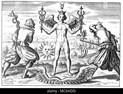 ALCHEMY - MERCURY The purification of Mercury. Engraving of Key II to the Seven Keys of Basil Valentine, of the Benedictine Order, from the Tripus Aureus of Michael Maier, 1618. Stock Photo
