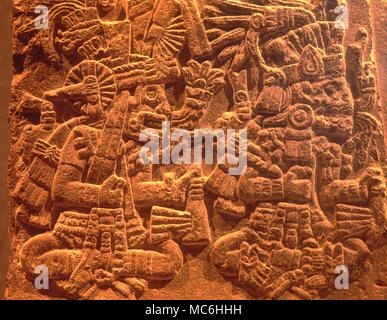 Mexican Mythology. Bas relief of Aztec solar disk, flanked by Huitzilopochtli and Tezcatlipola. National Anthropological Museum. Mexico City. Stock Photo