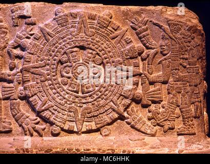 Mexican Mythology. Bas relief of Aztec solar disk, flanked by Huitzilopochtli and Tezcatlipola. National Anthropological Museum. Mexico City. Stock Photo