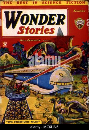 Monsters. Cover of Wonder Stories ,an American science fiction comic. Illustration to 'One Prehistoric Night'' by Paul. 1934' Stock Photo