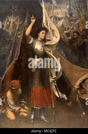 Painting of Joan of Arc in front of her battle tent. Print of the painting by W,Joy. Stock Photo