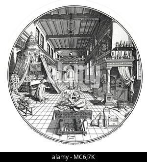 ALCHEMY - THE LABORATORY The alchemical laboratory, as a place of prayer and experimentation - from Heinrich Khunrath, Amphitheatrum Sapientiae Aeternae, 1602. An excellent survey of the Latin mottoes and meditations, may be found in Stanislass Klossowiski de Roal, The Golden Game. Alchemical Engravings of the Seventeenth Century, 1988, p.44. Stock Photo