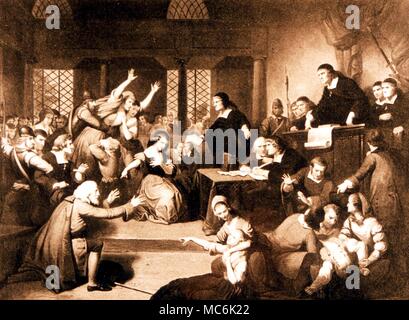 WITCHCRAFT SITES - The Salem Witchcraft trial of George Jacobs in 1692. Mezzotint after T H Matteson's painting in the Essex Institute, Salem Stock Photo