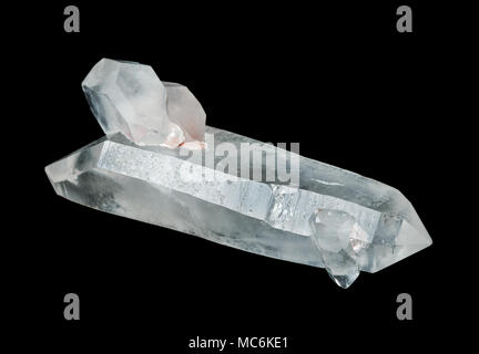 Large transparent two-headed crystal of rock crystal, isolated on a black background Stock Photo