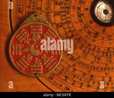 I Ching - Eight trigrams. The eight trigrams with their corresponding Chinese characters, concentric to a Tai Chi. Set on a Lo Pan disk, late 19th century. Stock Photo
