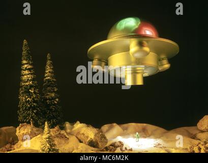 UFOs. Reconstruction of the UFO and alien seen at Imjarvi, Finland on 7th January 1970 by Esko Viljo and Aarno Heinonen.The creature was about 3 feet high and floated from the craft on a beam of light and mist. Stock Photo