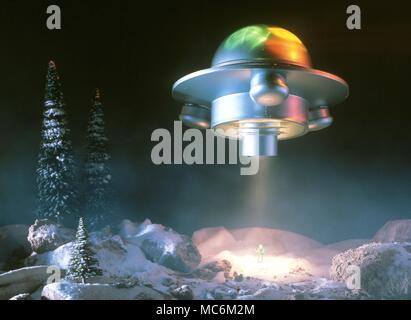 UFOs. Reconstruction of the UFO and alien seen at Imjarvi, Finland on 7th January 1970 by Esko Viljo and Aarno Heinonen.The creature was about 3 feet high and floated from the craft on a beam of light and mist. Stock Photo