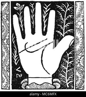 PALMISTRY - MEDIAEVAL PALMISTRY A woodcut illustration from the influential Ciromantia of Barthelemy Cocles, published circa 1534. The related text, which deals with the Head Line, insists that when it is deflected towards the fingers (as in the diagram) then it signifies depravity and ignorance. Stock Photo