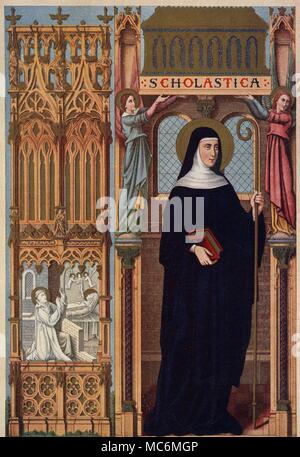 SAINTS - SCHOLASTICA Saint Scholastica, who died about 543, was the sister of Saint Benedict, and (perhaps because of this) the first Benedictine nun, established at Plombariola, near Monte Cassino. In this image, the detail to the lower left shows Saint Benedict praying over his sister's body, as the soul leaves, urged on by two angels. Process print, from Alban Butler's The Lives of The Fathers, Martyrs and Other Principles Saints, edition of circa 1928. Stock Photo