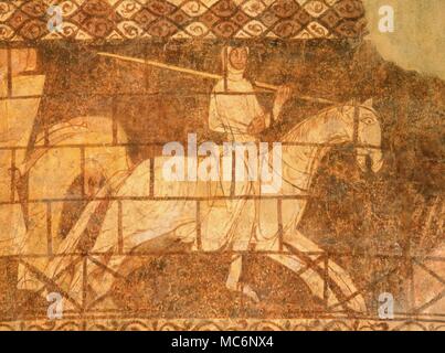 Thirteenth century frescoes, depicting The Templars in battle. Frescoes in the small Templar church at Cressac, France . Stock Photo