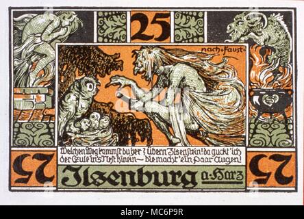 Witch transvecting, owls, goats, tripods, etc. German ticket [cost 25 pfennings] for Ilsenburg, near the Brocken of 'Faust' fame. WITCHCRAFT - Ticket for 25 pfennig for the witchcraft festivities associated with the Brocken. The witchcraft scene is supposedly an illustration from Goethe's Faust Stock Photo