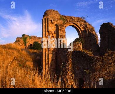 The ruins at Tiffauges, the most important of the casltes belong to Gilles de Rais [1404-1440], where he was supposed to have practised black magic, and to have killed numerous children in his pursuit of witchraft rites. Stock Photo