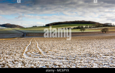 Limagne plain in winter. Puy de Dome. Tire tracks in a winter field in Auvergne, France Stock Photo