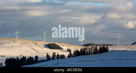 Wind turbines of the Cezallier windfarm, Puy de Dome, Auvergne, France Stock Photo