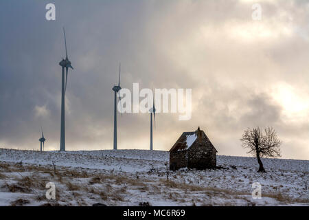 Wind turbines of the Cezallier windfarm, Puy de Dome, Auvergne, France Stock Photo