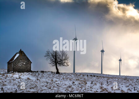 Wind turbines of the Cezallier windfarm, Puy de Dome, Auvergne, France Stock Photo