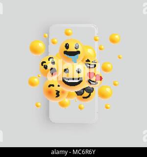 3D and different kinds of emoticons with matte smartphone, vector illustartion Stock Vector