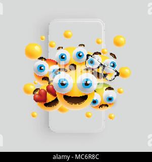 3D and different kinds of emoticons with matte smartphone, vector illustartion Stock Vector