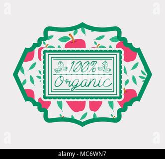 frame with leafs and apples of 100 percent organic food vector illustration Stock Vector