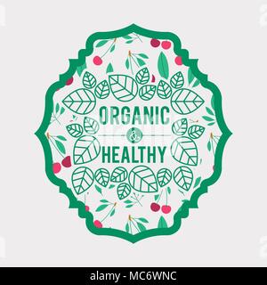 frame with leafs and cherries of organic and healthy food vector illustration Stock Vector