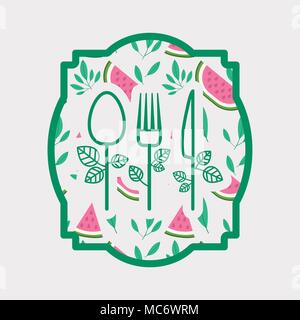 frame with watermelon and cutleries healthy food vector illustration design Stock Vector