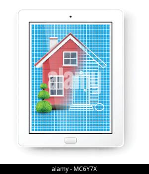Realistic house with a blueprint on a tablet, vector Stock Vector