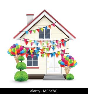 Realistic house with colorful flags and balloons, vector Stock Vector