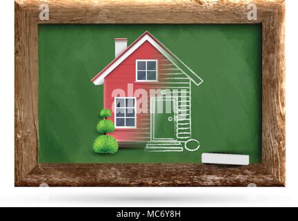 Realistic house being drawn on a chalkboard, vector Stock Vector