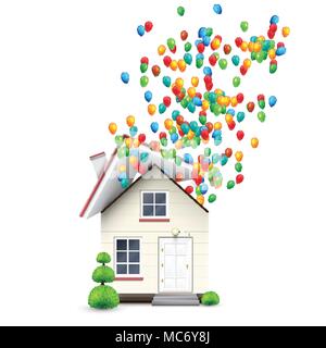 Realistic house with colorful balloons, vector Stock Vector