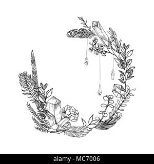 vector floral frame with leaves, flowers, feathers and gems. Sketch style. Borders. Ink illustration frame. Linear art. Stock Vector