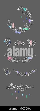 vector floral frame with leaves, flowers, feathers and gems. Sketch style. Borders. Ink illustration frame. Linear art. Stock Vector