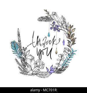 Thank you card. Thankee! Hand drawn boho sketch. Gems, flowers and feathers. Vector illustration. Phrase. Quote. Sketch wreath. Stock Vector