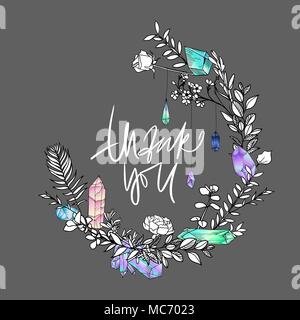 Thank you card. Thankee! Hand drawn boho sketch. Gems, flowers and feathers. Vector illustration. Phrase. Quote. Sketch wreath. Stock Vector