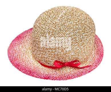 side view of straw hat with pink colored narrow brim isolated on white background Stock Photo