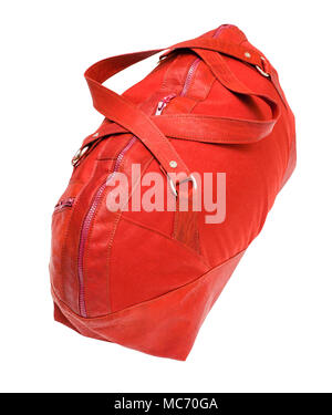 above view of red travelling bag isolated on white background Stock Photo