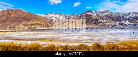 Panorama of the Winter Landscape in the semi desert of the Thompson River Valley between Kamloops and Cache Creek in central British Columbia, Canada Stock Photo