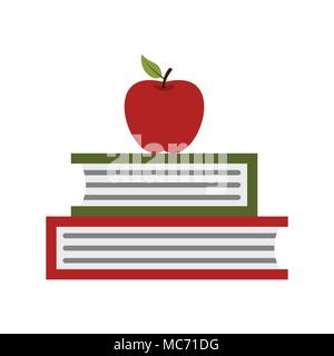 Two books with red apple icon, flat style Stock Vector